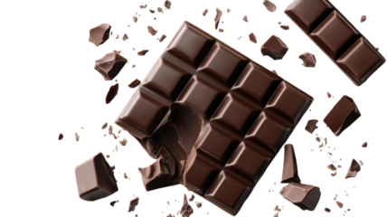 Chocolate bar with rich cocoa texture and segmented squares isolated on white background