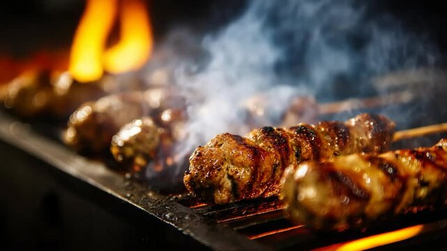 close up Japanese style chicken skewers Yakitori on grill rack with flame and smoke 