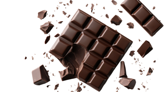 Chocolate bar with rich cocoa texture and segmented squares isolated on white background