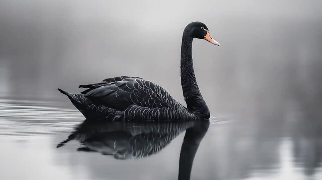 Graceful black swan gliding on still water, its reflection mirroring the serenity of the scene offering a moment of peace and natural beauty in a monochrome palette.