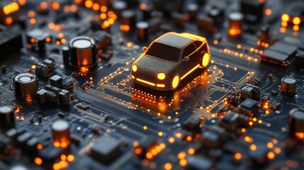 Car icon on circuit board, glowing