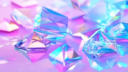 Abstract holographic crystal shapes in motion on iridiscent violet background - Powered by Adobe