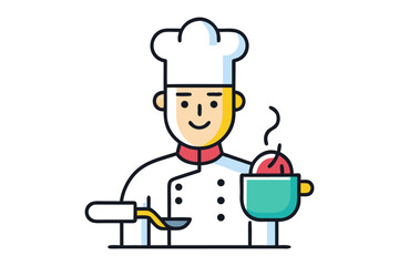A Culinary Maestro's Creation: A chef, adorned in a pristine uniform, meticulously prepares a delectable dish, stirring with a spoon, embodying the art of gastronomy and culinary skill.