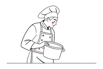 Chef in Culinary Preparation: An illustration showcases a chef in crisp attire meticulously engaged in culinary preparation.  Evoking the essence of gastronomy and dedication.
