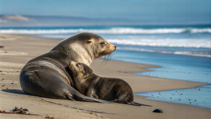 Mother seal resting with her pup on sandy beach by the ocean  