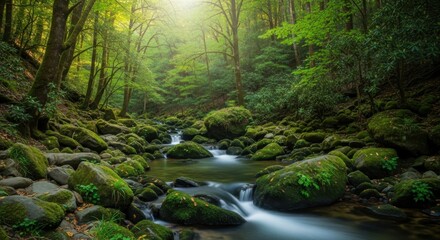 Obraz premium Sunlit Forest Stream with Moss Covered Rocks and Lush Greenery