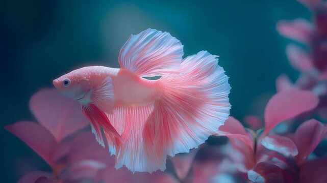beautiful pink male Siamese Fighting Fish or Betta fish swimming in beautiful scenery aquarium decorated with aquatic plants