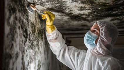 Scientist Scientist Wearing Protective Suit Mask and Gloves Removing Mold from Wall