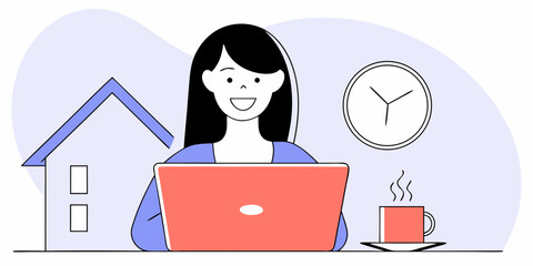 Working from home shows a woman with laptop, house, clock, and coffee for remote work or business productivity graphics.