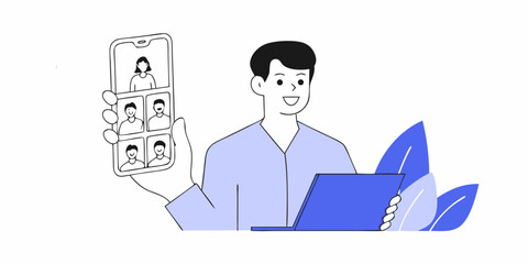 Online meeting design showcases a man on laptop with virtual colleagues visible on a smartphone, ideal for modern digital communication concepts.