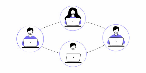 Connected team members collaborating online using laptops forms a social network, ideal for business or technology contexts in corporate communication.