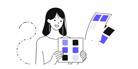 Woman presenting a color palette, ideal for design projects, branding, and creative presentations with a modern, minimalist aesthetic.