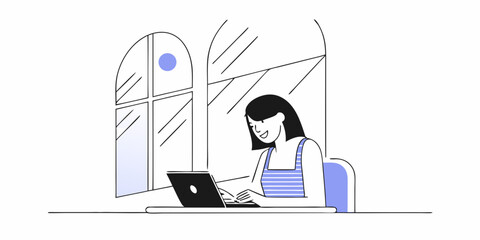 A charming design featuring a young woman working on a laptop near a window, portraying remote work and a cozy home environment.