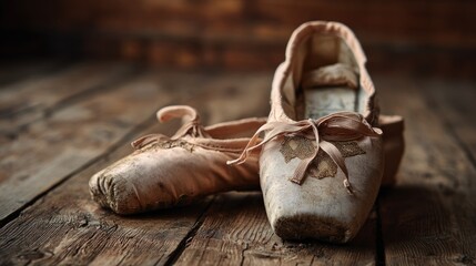 Worn ballet slippers on wooden floor