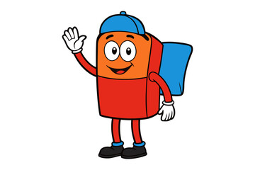 Friendly Mascot Welcomes: A cheerful, animated mascot figure, sporting a cap and backpack, extends a welcoming wave with a smile, offering a gesture of friendliness and approachability.