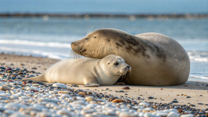 Seal mother resting with her pup on sandy beach by the sea  