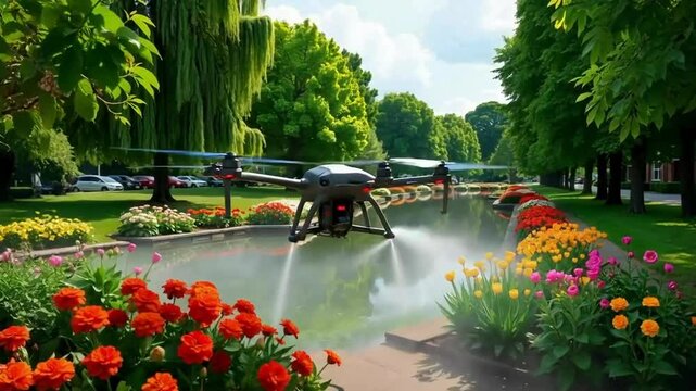 Drone watering gardens in Public Park / drone regando jardines en parque p&uacute;blico