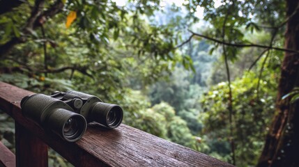 Binoculars on wooden railing, jungle view
