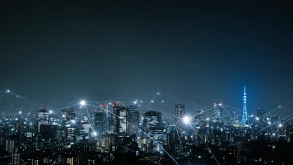 Illuminated cityscape at night with a network overlay - Powered by Adobe