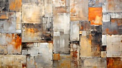 Abstract geometric painting with textured layers of earth tones and orange