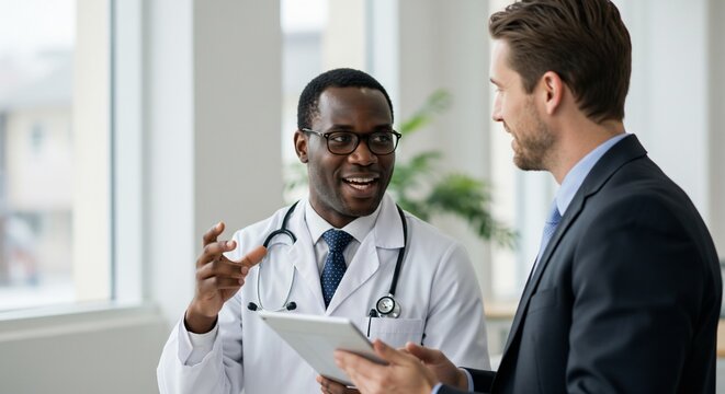 Doctor and Businessman Discussing Healthcare on Tablet