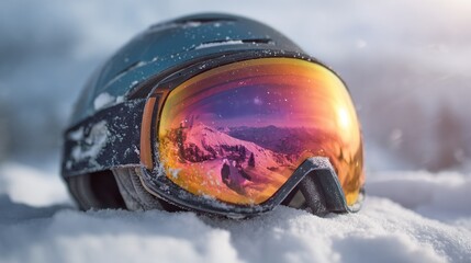 Ski helmet and goggles on snow, reflecting mountain view