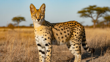 Serval Cat Standing in Dry Grassland with Acacia Trees