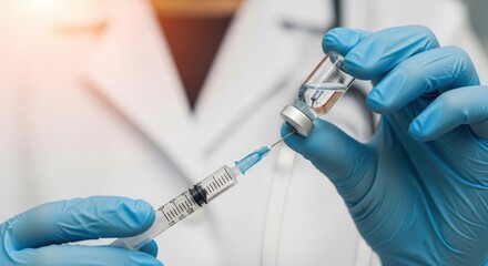 Doctor holding syringe drawing vaccine from vial