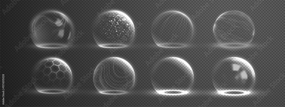 Poster protective shield dome set with 3d glass sphere effect and transparent barrier. blue futuristic hexa