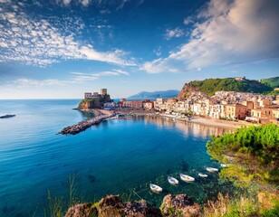 Fototapeta premium panoramic summer view of castellabate town superb morning seascape of mediterranean sea italy europe traveling concept background