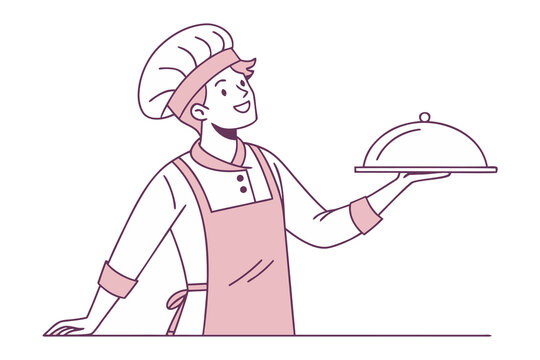 Culinary Presentation: A cheerful chef, clad in crisp whites and a signature toque, presents a covered platter, ready to unveil a culinary masterpiece.