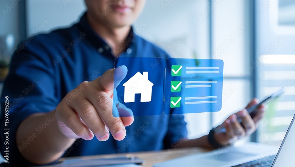 Poster man s hand touching a holographic interface displaying a house icon and a checklist with green check