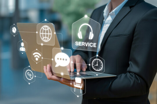 Businessperson Working on a Laptop with Holographic Customer Service Interface - Powered by Adobe