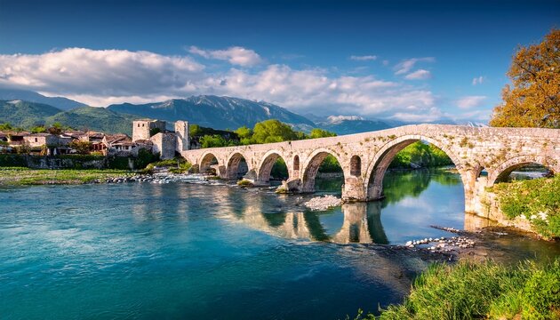 stunning spring view of old mes bridge gorgeous morning landscape of shkoder colorful outdoor scene of albania europe traveling concept background