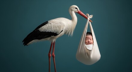A White stork carries a newborn Asian baby in a cloth bundle, symbolizing the classic folklore of storks delivering babies. © AC's Inspired Images