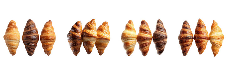Set of three croissants with varied tones and browned edges top view on transparent background