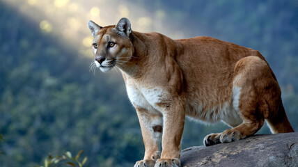 Cougar standing on rock with soft light and blurred background