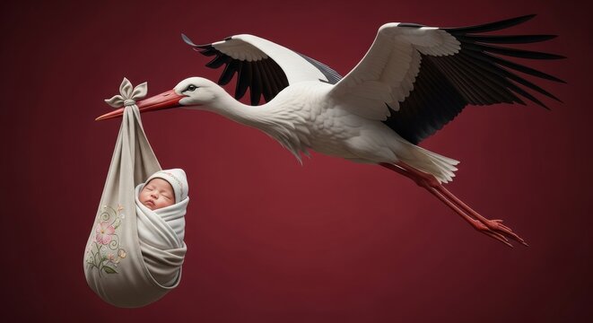 A White stork carries a newborn Asian baby in a cloth bundle, symbolizing the classic folklore of storks delivering babies.
