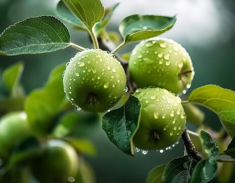 close up of unripe apples and green leaves on a branch with raindrops
