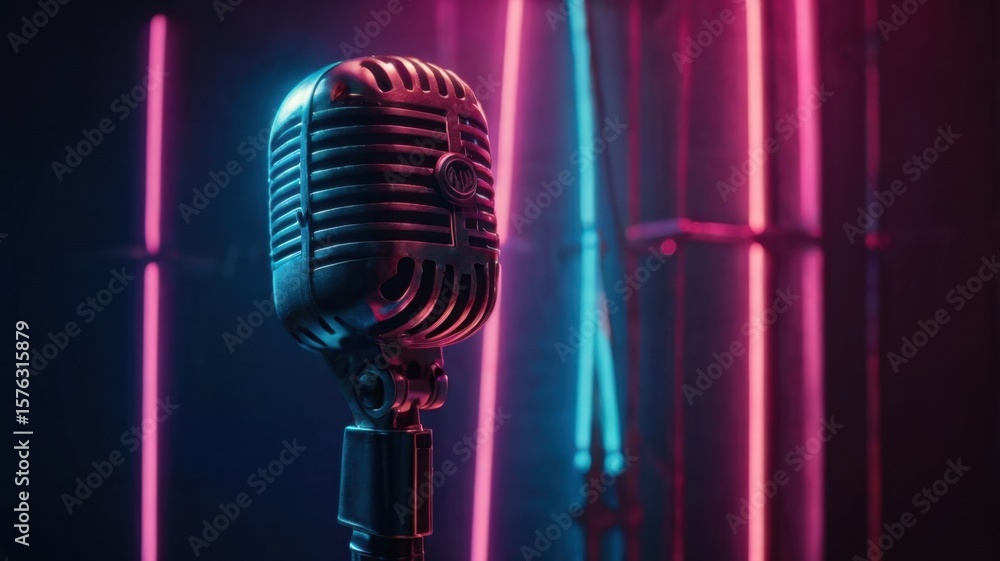 Poster close up of a vintage microphone with neon lights in the background casting a colorful glow on it