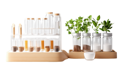 Stylish Laboratory Setup with Test Tubes and Fresh Herbs for Natural Science Experiments and Home Decor