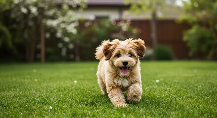 Playful Puppy's Joyful Run: A happy puppy, full of energy and vitality, bounds across a vibrant green lawn, his tongue lolling out in pure delight and enthusiasm. 