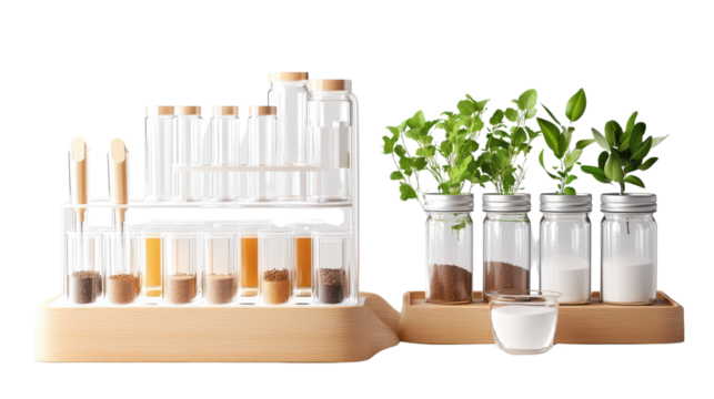 Stylish Laboratory Setup with Test Tubes and Fresh Herbs for Natural Science Experiments and Home Decor