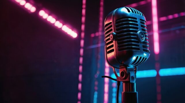 A vintage microphone stands against a backdrop of neon lights in shades of pink and blue hue