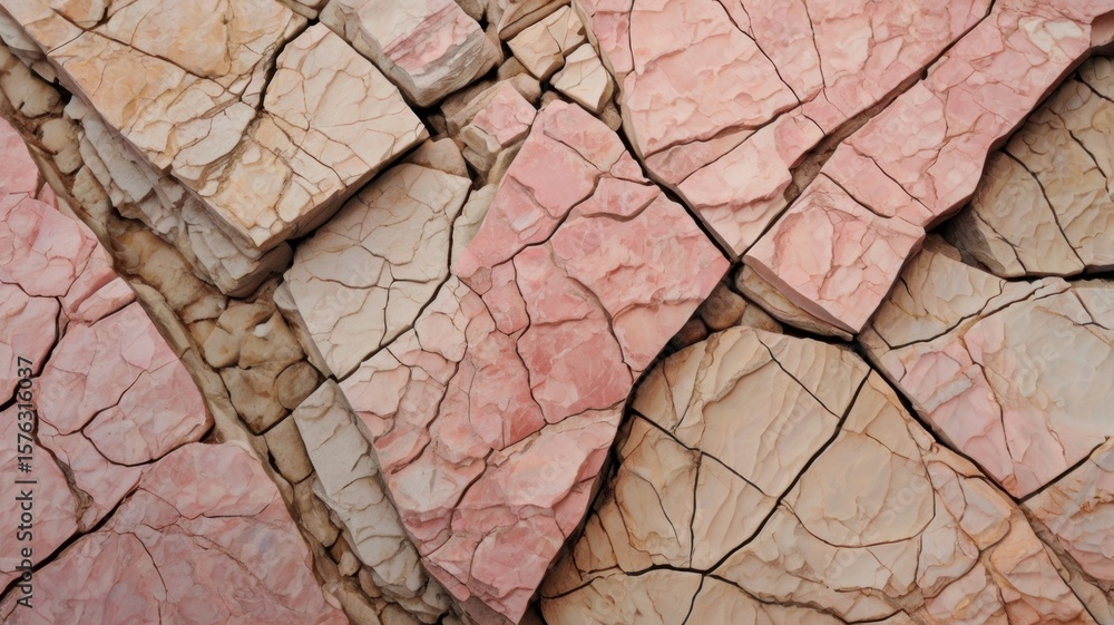 Poster close up view of cracked and fractured rock formations with varied color tones and textured surface