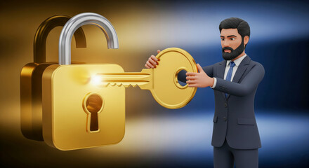 Businessman Unlocking Large Golden Padlock Symbolizing Access