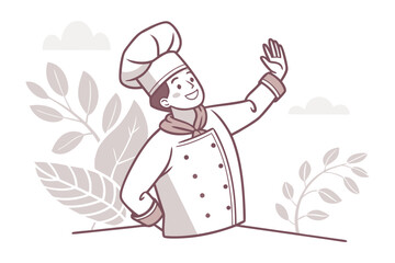 Chef's Greeting: A friendly chef in a classic toque and uniform waves a cheerful greeting, surrounded by delicate foliage.