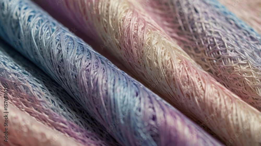 Poster close up view of folded pastel colored fabric with a textured net like appearance and soft lighting