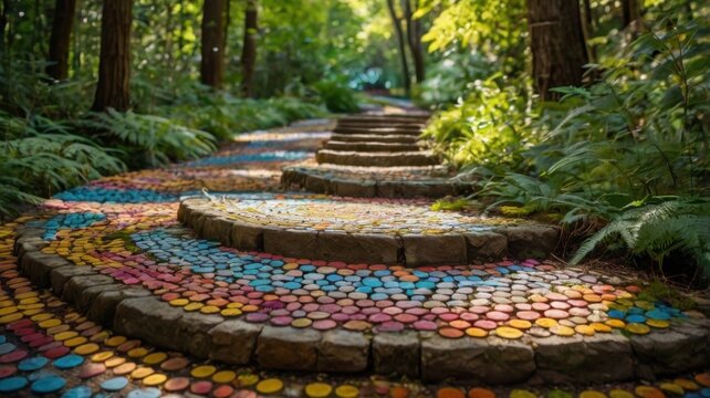 A winding stone path with colorful mosaic tiles leading up steps through a lush green forest scene