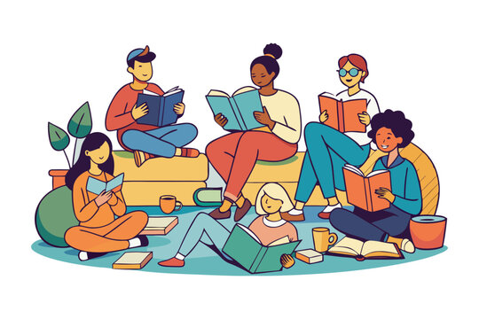 Readers Unite: A diverse group of individuals, each engrossed in a book, gathers in a communal space. This illustration beautifully conveys the power of shared experiences and the joy of reading.